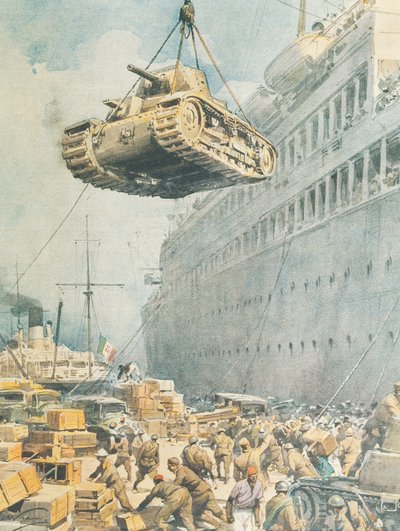 Convoi italien arrivant à destination en Libye, par Achille Beltrame, illustration, de La Domenica del Corriere - Achille Beltrame