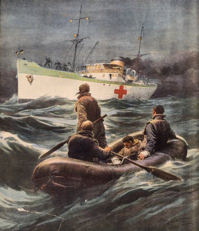 Navire-hôpital italien sauvant quatre aviateurs allemands abattus, par Achille Beltrame, illustration de La Domenica del Corriere, 23 février - Achille Beltrame