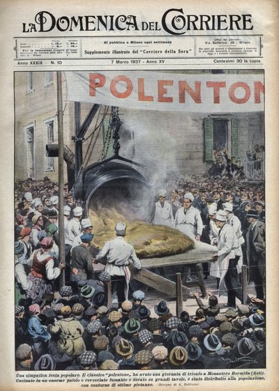Fête populaire italienne : polenta géante (polentone) organisée dans une ville près d