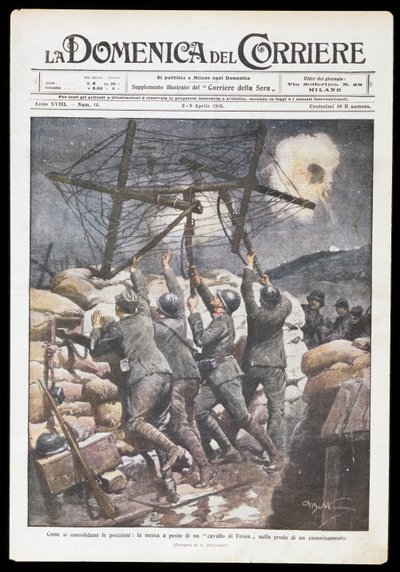 Soldats italiens mettant un cheval frison sur une tranchée, plaque par Achille Beltrame pour Domenica del Corriere, 2-9 avril 1916, Première Guerre mondiale, Italie, 20e siècle - Achille Beltrame