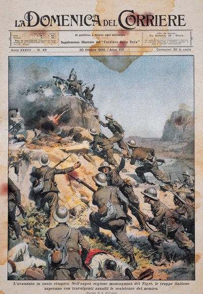 Troupes italiennes avançant sur le sol éthiopien, illustration de La Domenica del Corriere, 20 octobre - Achille Beltrame