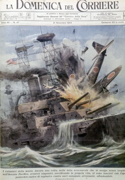 Kamikazes japonais explosant sur des navires ennemis - dans « La Domenica del Corriere », 21 novembre 1943 (lithographie) - Achille Beltrame