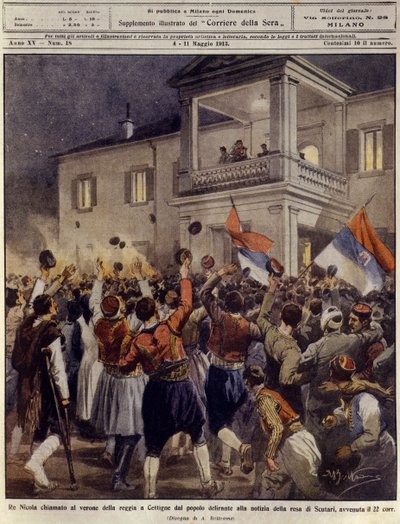 Le roi Nicolas Ier du Monténégro devant une foule à Cettigne après la reddition de la ville de Shkoder, 4 mai - Achille Beltrame