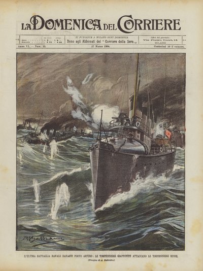 La dernière bataille navale devant Port Arthur, les torpilleurs japonais attaquent les torpilleurs russes - Achille Beltrame