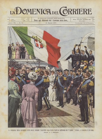 La remise du drapeau faite par les dames de Tarente au nouveau cuirassé de 5e classe - Achille Beltrame