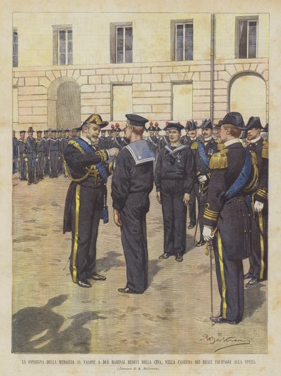 La remise de la médaille de la valeur à deux marins de retour de Chine, dans la caserne des équipages royaux à La Spezia - Achille Beltrame