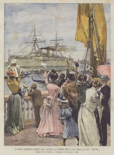 La foule applaudissant assiste au départ de Venise pour la Chine du navire Vesuvio - Achille Beltrame
