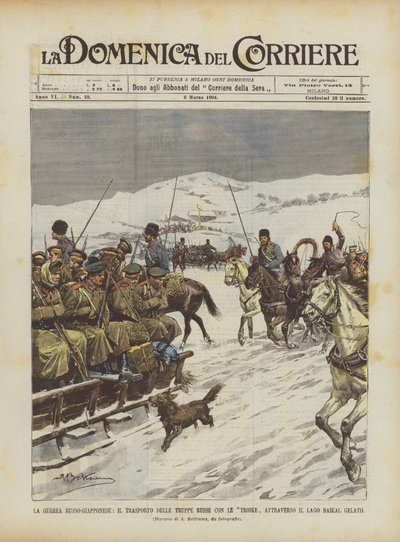 La guerre russo-japonaise, le transport des troupes russes avec les troïkas à travers le lac Baïkal gelé - Achille Beltrame