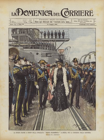 La reine mère à bord du cuirassé Regina Margherita à La Spezia, pour la remise du drapeau - Achille Beltrame
