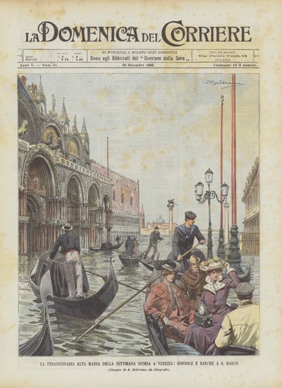 La marée haute extraordinaire de la semaine dernière à Venise, gondoles et bateaux à Saint-Marc - Achille Beltrame