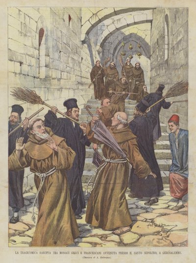 La tragi-comique bagarre entre moines grecs et franciscains près du Saint-Sépulcre, à Jérusalem - Achille Beltrame