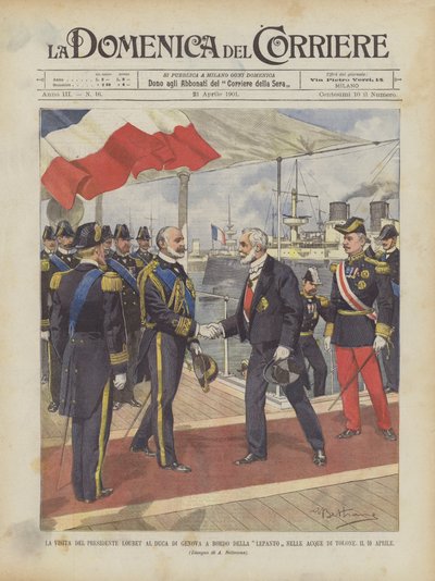 La visite du président Loubet au duc de Gênes à bord du Lepanto dans les eaux de Toulon, le 10 avril - Achille Beltrame