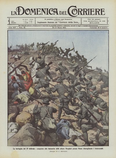 La bataille du 27 février, conquête à la baïonnette des hauteurs de Mergheb près de Homs en dispersant les turco-arabes - Achille Beltrame