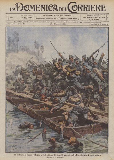Bataille de Haelen (Belgique), attaque terrible des Allemands repoussée par les Belges à travers les ponts militaires - Achille Beltrame