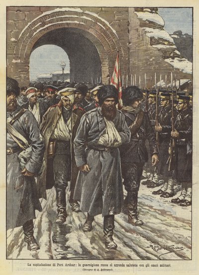 La capitulation de Port-Arthur, la garnison russe se rend saluée avec les honneurs militaires - Achille Beltrame
