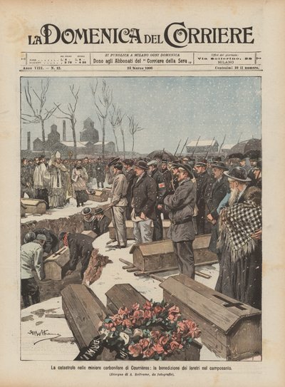 La catastrophe dans les mines de charbon de Courrières, la bénédiction des cercueils au cimetière - Achille Beltrame