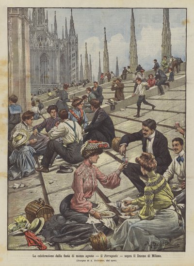 La célébration de la fête de mi-août, le Ferragosto, au-dessus du Duomo de Milan - Achille Beltrame