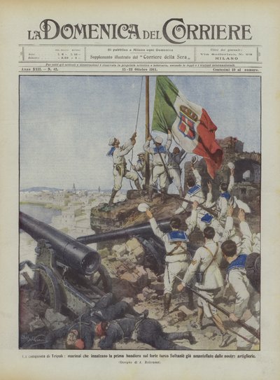 La conquête de Tripoli, marins levant le premier drapeau sur le fort turc Sultanie déjà conquis - Achille Beltrame
