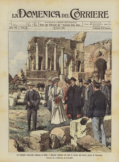 La famille impériale allemande en Italie, les Souverains visitent avec leurs enfants les ruines du théâtre grec de Taormina - Achille Beltrame