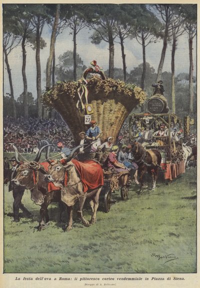 La fête des vendanges à Rome, le pittoresque cortège vendémiaire sur la Piazza di Siena - Achille Beltrame