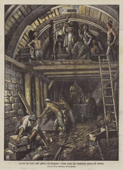 La fin des travaux de la galerie du Simplon, la dernière pierre du revêtement intérieur (18 octobre) - Achille Beltrame