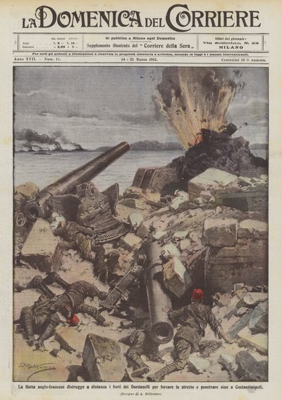 La flotte anglo-française détruit à distance les forts des Dardanelles pour forcer le détroit - Achille Beltrame