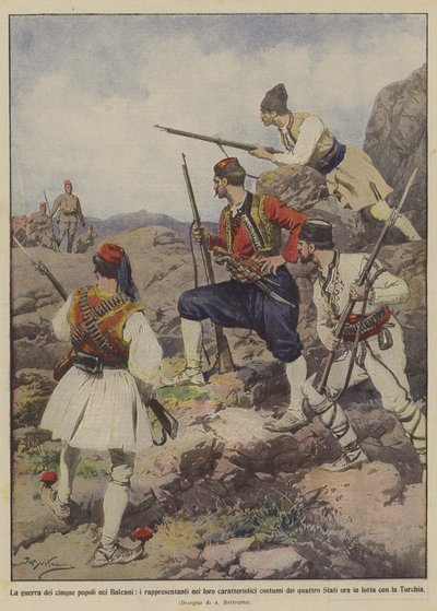 La guerre des cinq peuples dans les Balkans, les représentants dans leurs costumes caractéristiques... - Achille Beltrame
