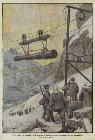 La guerre des prodiges, le transport de pièces en haute montagne avec les téléphériques - Achille Beltrame