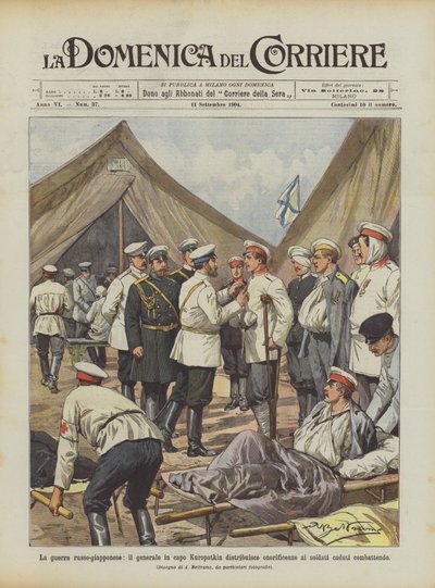 La guerre russo-japonaise, le général en chef Kuropatkin distribue des distinctions aux soldats tombés au combat - Achille Beltrame