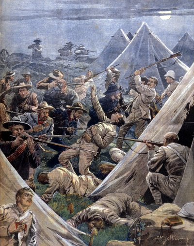 La guerre des Boers ou guerre du Transvaal en Afrique du Sud opposant les Anglais aux Boers : ces derniers ont attaqué un camp anglais à Tweenfontein. Illustration de Beltrame. La Domenica del Corriere. 1902 - Achille Beltrame