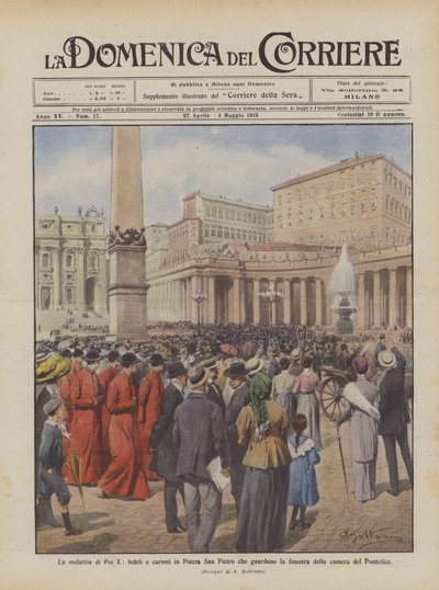 La maladie de Pie X, fidèles et curieux sur la place Saint-Pierre regardant la fenêtre de la chambre du Pape - Achille Beltrame