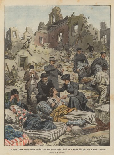 La reine Hélène, modestement vêtue, soigne avec grande pitié les blessés sur les ruines de la riche ville - Achille Beltrame