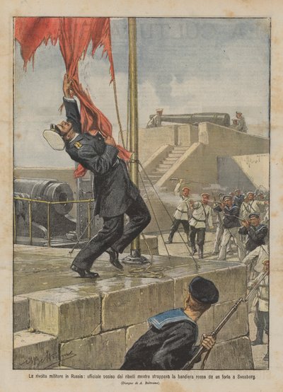 La révolte militaire en Russie, un officier tué par les rebelles en arrachant le drapeau rouge - Achille Beltrame
