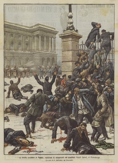 La révolte populaire en Russie, tuerie de grévistes dans le quartier Vassili Ostrof, à Saint-Pétersbourg - Achille Beltrame