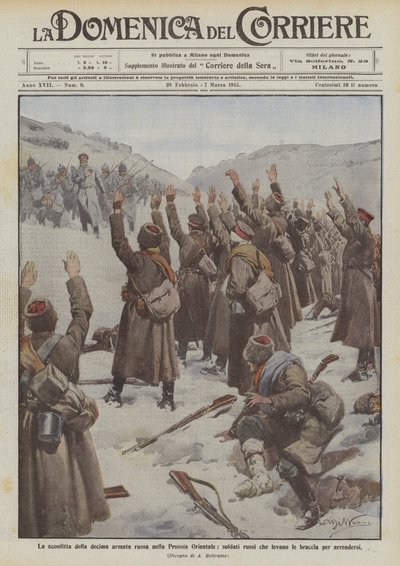 La défaite de la dixième armée russe en Prusse orientale, soldats russes levant les bras pour se rendre - Achille Beltrame