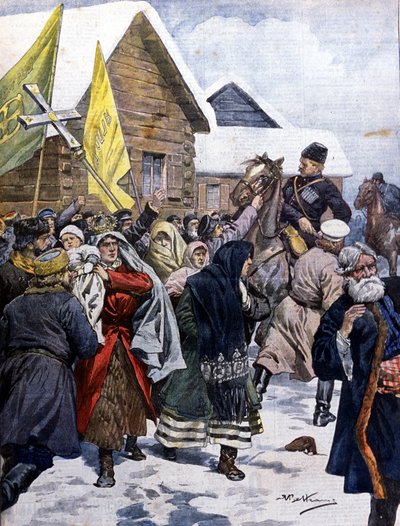 La superstition en Russie : la police tente de disperser la secte des nouveaux chrétiens. Illustration de Beltrame. La Domenica del Corriere. 1901 - Achille Beltrame