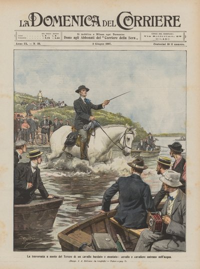 La traversée à la nage du Tibre par un cheval harnaché et monté, cheval et cavalier entrant dans l