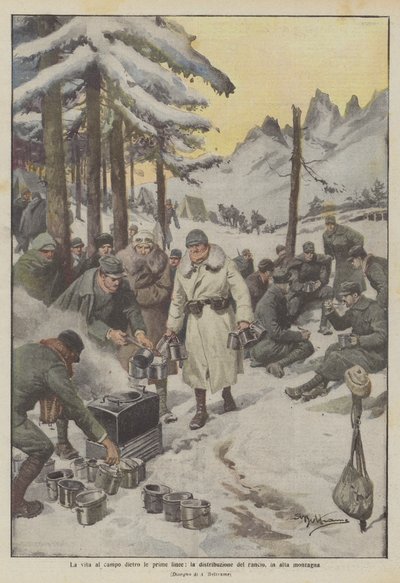La vie au camp derrière les premières lignes, la distribution de la ration, en haute montagne - Achille Beltrame