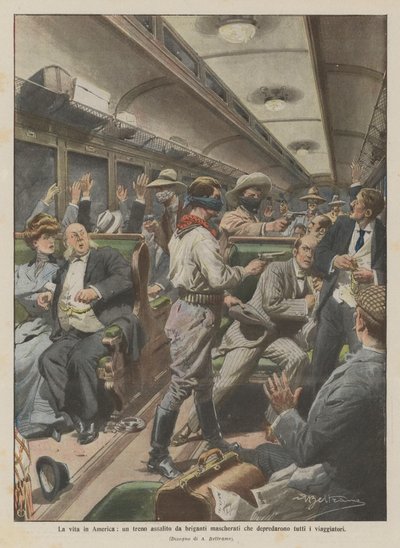 La vie en Amérique, un train attaqué par des bandits masqués qui ont dépouillé tous les voyageurs - Achille Beltrame