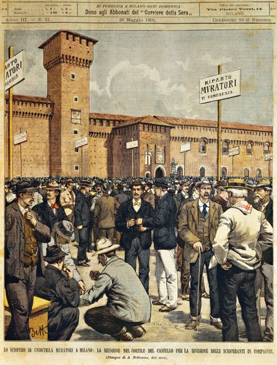 Grève massive des constructeurs à Milan : Réunion publique dans la grande cour du château des Sforza, par Achille Beltrame, de La Domenica del Corriere, 26 mai 1901 - Achille Beltrame