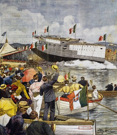 Lancement du cuirassé Regina Margherita à La Spezia, panneau par Achille Beltrame, La Domenica del Corriere, 9 juin - Achille Beltrame