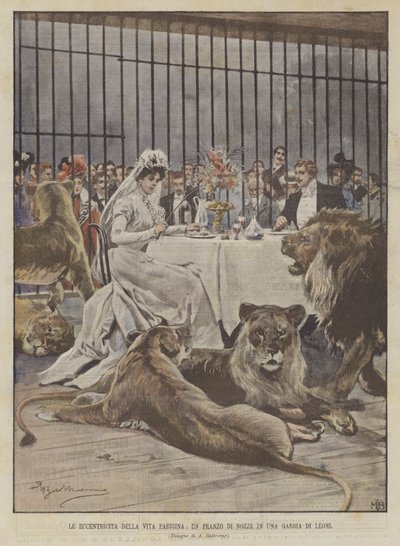 Les excentricités de la vie parisienne, un déjeuner de mariage dans une cage de lions - Achille Beltrame
