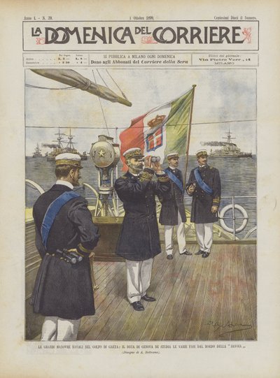 Les grandes manœuvres navales dans le golfe de Gaète, le duc de Gênes en étudie les différentes phases à bord du Savoie - Achille Beltrame