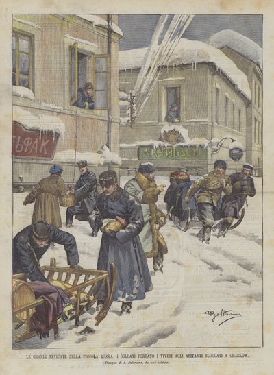 Les grandes chutes de neige en Petite Russie, les soldats apportent des vivres aux habitants bloqués à Charkow - Achille Beltrame