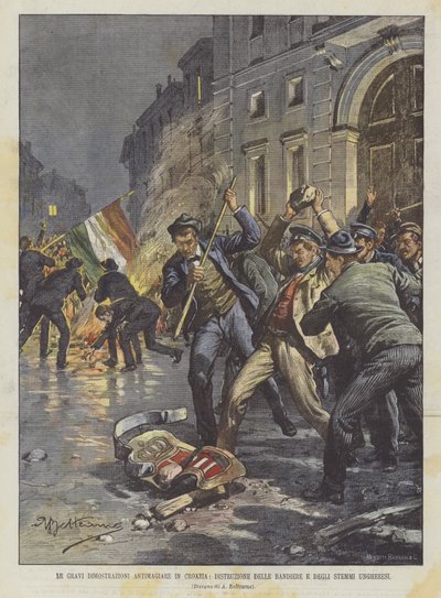 Les graves manifestations anti-magyars en Croatie, destruction des drapeaux et des armoiries hongroises - Achille Beltrame
