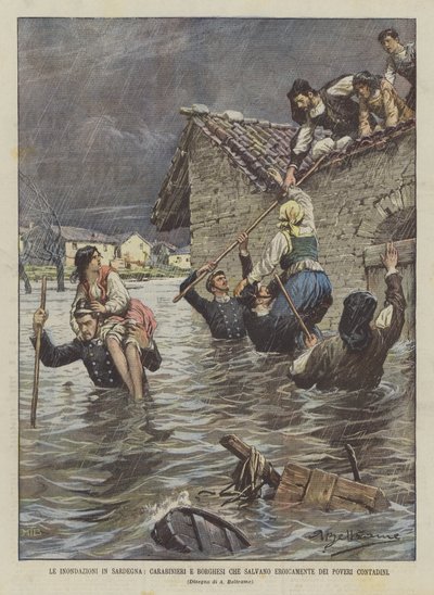 Les inondations en Sardaigne, carabiniers et civils sauvant héroïquement des pauvres paysans - Achille Beltrame