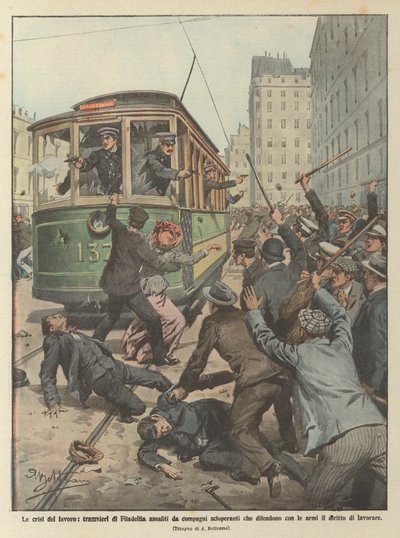 Les crises du travail, les conducteurs de tramway de Philadelphie attaqués par des grévistes qui défendent avec - Achille Beltrame