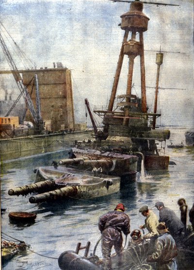 Le cuirassé allemand Hindenburg, coulé à Scapa Flow en Écosse, est revenu à la surface grâce à la flotte anglaise après 7 ans passés au fond des océans. Illustration de Beltrame. La Domenica del Corriere - Achille Beltrame