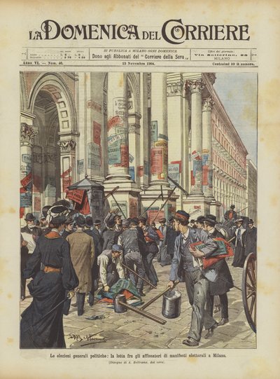 Les élections générales politiques, la lutte entre les afficheurs de manifestes électoraux à Milan - Achille Beltrame