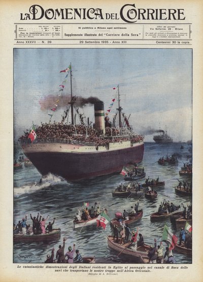 Les démonstrations enthousiastes des Italiens résidant en Égypte au passage dans le canal de Suez - Achille Beltrame